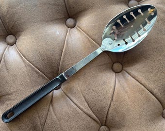 EKCO USA Vintage 60s Slotted Spoon Stainless Steel Black Plastic Handle 12 Inch