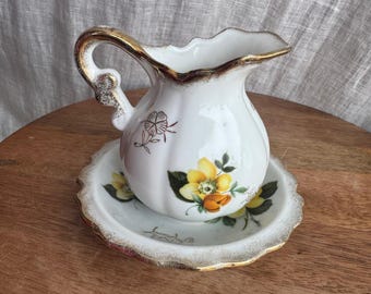 VTG Enesco Mini Pitcher Creamer and Saucer White Yellow Floral Gold Trim Japan