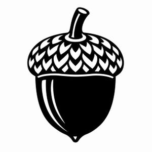 May include: A black and white graphic illustration of an acorn. The design features a solid black nut base with a white highlight and a textured cap composed of repeating, overlapping leaf-like shapes, topped with a small, curved stem.