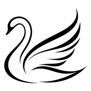 May include: A minimalist black and white illustration of a swan. The swan is depicted in a graceful, flowing style, with curved lines defining its neck, body, and wings. The wings are composed of several curved lines, suggesting feathers.