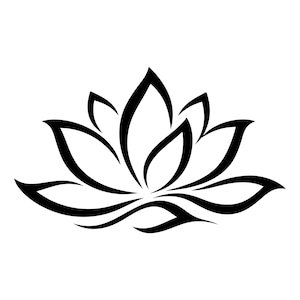 May include: Black and white lotus flower design. The image features a stylized, symmetrical floral illustration with curved petals and flowing lines. The design is suitable for various applications, including art prints, tattoos, or graphic designs.