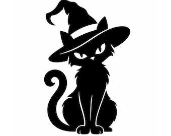 Witch Cat SVG PNG Cut File, Halloween Black Cat Silhouette, Witch Hat Cat Cricut Design, Spooky Cat Digital Download