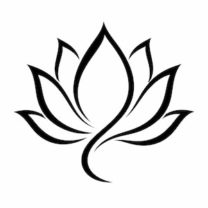 以下が含まれることがあります： 蓮の花の白黒グラフィックイラスト。大胆で流れるような黒い線が花の対称的な花びらを形成しており、中央の花びらの付け根から一本の湾曲した茎が伸びているデザインです。