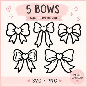 May include: A digital illustration of five black and white bows with heart-shaped centers. The text "5 BOWS MINI BOW BUNDLE" is at the top. The bottom of the image includes the text "SVG • PNG" and "INSTANT DOWNLOAD".