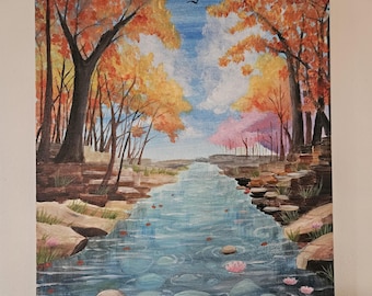 Original Acrylic River Painting: Cherry Blossom Landscape, 16x12 Home Decor