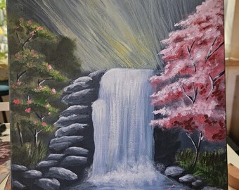 Cherry Blossom Waterfall Painting: Original Acrylic Landscape Art