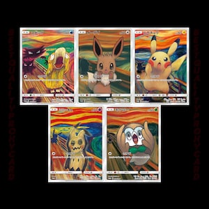 Puede incluir: Cinco cartas coleccionables de Pokémon, con personajes como Pikachu e Eevee, al estilo de "El Grito" de Edvard Munch. Las cartas tienen texto en japonés y un fondo colorido y arremolinado.