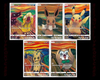 TEXTURED Munch, The Scream, Set di 5 carte Jap Pikachu, Psyduck, Eevee • HOLO Custom Handmade Proxy/Orica • S&M Promos sm-p 286 287 288 289 290