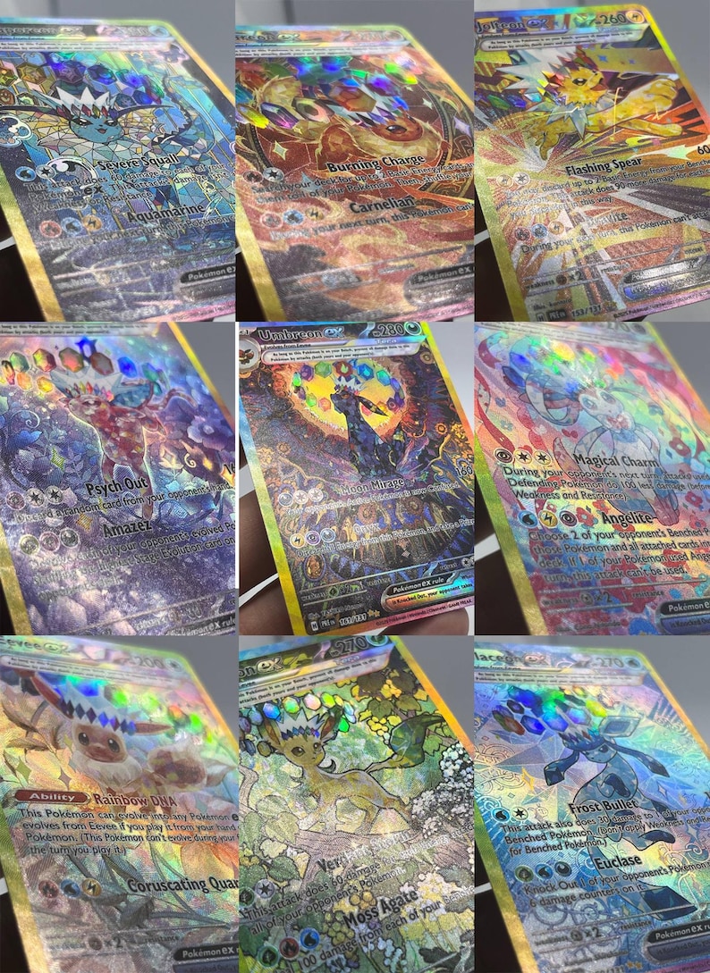 Prismatic evolution, detail of every single card in the set, textures with millimetric perfection to the sight and touch