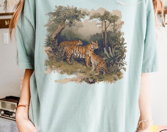 Camiseta con estampado de tigre vintage, estilo retro de los 90, con estampado animal, colores cómodos, estilo safari en la jungla