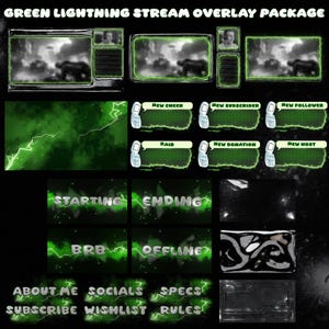 Puede incluir: Un paquete de superposición digital con un tema de rayos verdes. El paquete incluye varias pantallas para streaming, como "Starting", "Ending" y "Offline". También presenta cuadros de alerta para nuevos suscriptores, seguidores y donaciones. El texto "GREEN LIGHTNING STREAM OVERLAY PACKAGE" está en la parte superior.