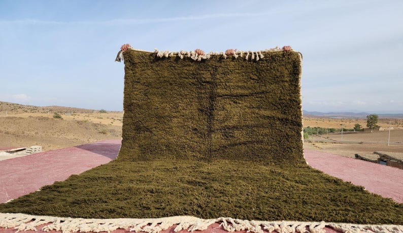 May include: A large, olive green rug with a shaggy texture. The rug has a rectangular shape with a fringe along the bottom edge. The rug is displayed outdoors against a backdrop of a desert landscape and a clear blue sky.
