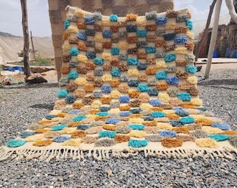 Handmade Moroccan Wool Rug: Colorful Checkered Boujad Design