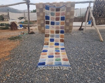 Handmade Wool Moroccan Runner Rug: Pink & Blue Berber Checkered Design