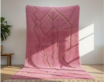 Handmade Pink Moroccan Rug – High Pile Wool Rug with Abstract beige Lines
