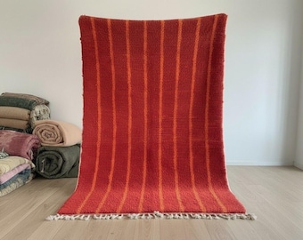 Hand-Knotted Wool Moroccan Rug – Red Orange Stripes, Bohemian Living Room Carpet