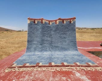Beni Ourain Rug, Moroccan Wool Carpet, Blue And Terracotta Shag Area Rug, Boho Home Decor