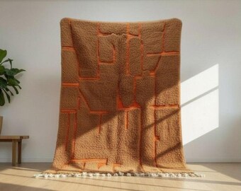 Hand Tufted Wool Moroccan Rug: Camel Brown, Orange Geometric Design