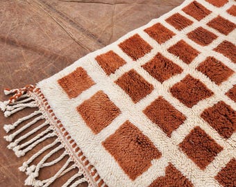 Orange Small Check Moroccan Wool Rug – Handmade Berber Area Rug, 6x9 ft