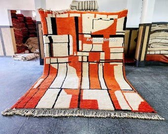 Orange Striped Beni Ourain Rug: Hand-Knotted Moroccan Wool Rug