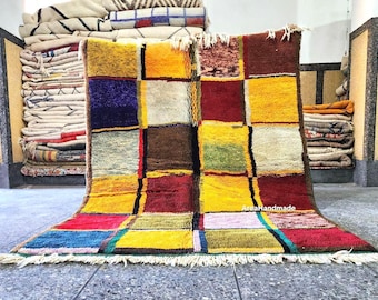 Handmade Wool Checkered Rug: Bohemian Moroccan Beni Ourain Rug
