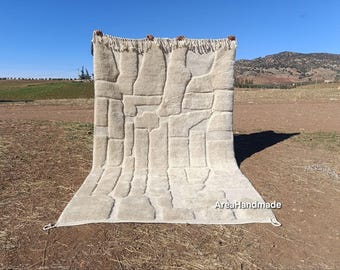 Alfombra marroquí artesanal con textura 3D en lana natural color crema - Alfombra bereber Beni Ourain personalizada para sala de estar minimalista - Alfombra abstracta moderna