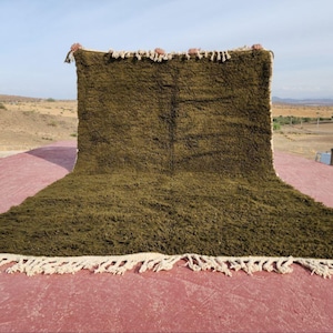 May include: A large, olive green rug with a shaggy texture. The rug has a cream-colored fringe along the bottom edge and is displayed outdoors on a red surface. The background shows a rural landscape.
