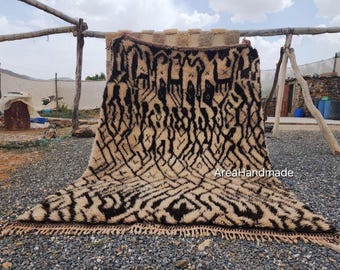 Handmade Beni Ourain Rug 12x14: Plush Wool with Brown Geometric Motifs