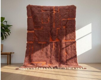 Handmade Burgundy Moroccan Wool Rug: Orange Berber Carpet Geometric Design