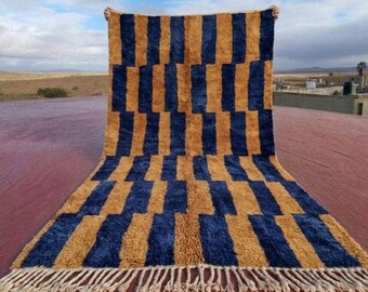 Blue and Gold Moroccan Rug, Abstract Geometric Wool Rug, Handmade Berber Area Rug, Modern Striped Floor Decor, Bold Boho Living Room Rug