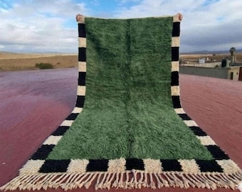 Green Checkered Moroccan Rug, Handmade Wool Area Rug, Black and White Border Berber Rug, Boho Living Room Decor, Modern Checkerboard Rug