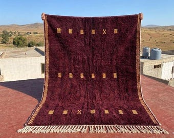 Burgundy Moroccan Rug, Dark Red Wool Area Rug, Minimalist Berber Rug, Handmade Boho Living Room Decor, Deep Wine Colored Shaggy Bedroom Rug