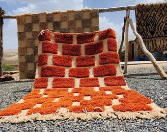 Handmade Orange Berber Rug: Traditional Moroccan Wool Carpet