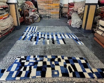Checkered Rug: handmade wool Moroccan Berber Carpet blue black and white