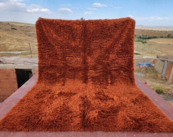 Burnt Orange Shag Rug, Terracotta Moroccan Carpet, Extra-High Pile Area Rug, Cozy Boho Decor