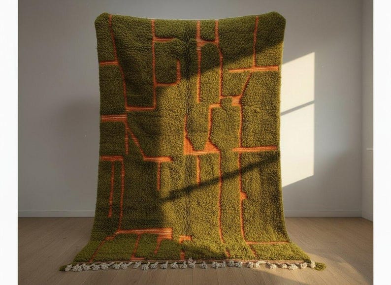 May include: A large, olive green rug with a geometric orange design. The rug has a shaggy texture and a fringe of white tassels along the bottom edge. The rug is displayed against a white wall and hardwood floor.