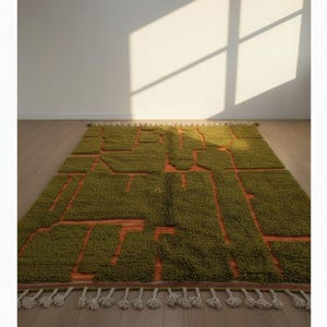 May include: A rectangular olive green rug with an abstract design in orange. The rug has a shaggy texture and a fringe of white tassels along one edge. The design features geometric shapes and lines.
