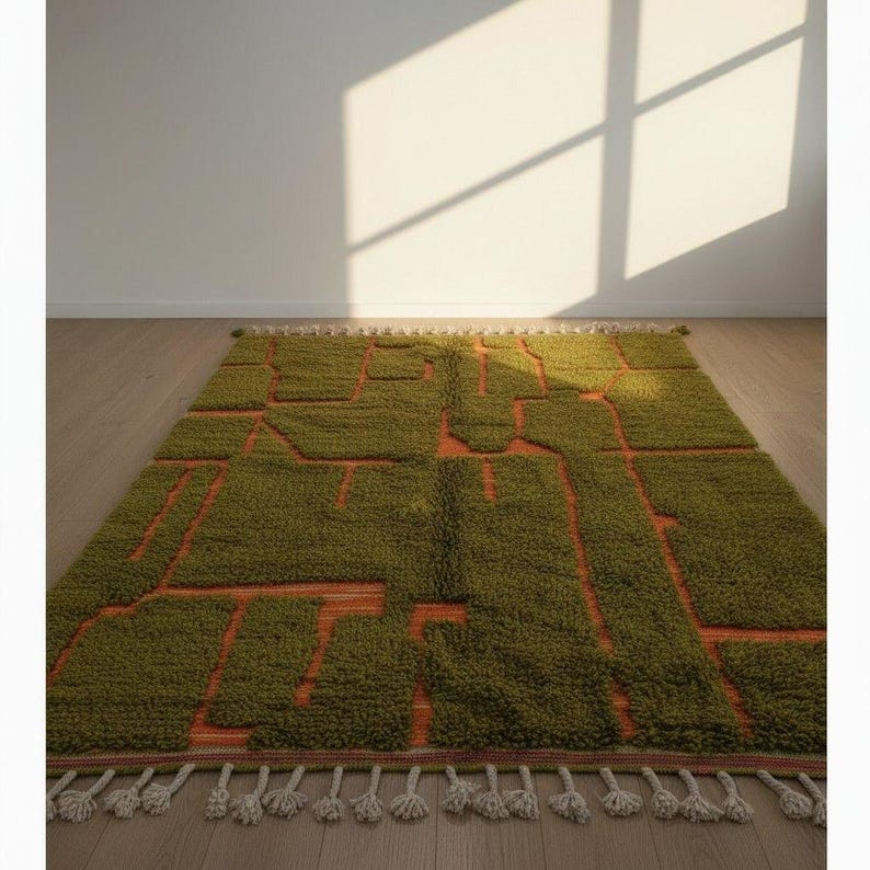 May include: A rectangular olive green rug with an abstract design in orange. The rug has a shaggy texture and a fringe of white tassels along one edge. The design features geometric shapes and lines.