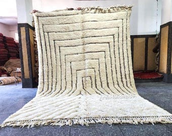 Alfombra marroquí blanca anudada a mano: Beni Ourain, alfombra de felpa de lana