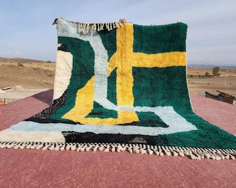 Alfombra bereber de lana verde anudada a mano de 8x10: Alfombra bohemia marroquí