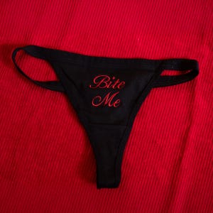 Bite Me Thong – Embroidered Black Cotton Lingerie | Sexy Statement Underwear | Sexy Embroidered Black Thong