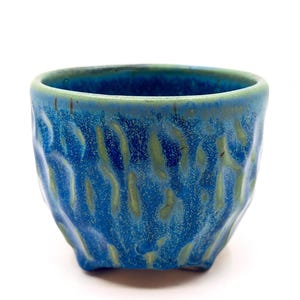 Peut inclure: Un petit bol en céramique fait à la main avec une surface texturée. Le bol est principalement bleu avec des accents verts et une finition brillante. L'intérieur est d'une nuance de bleu plus foncée. Le bol a une base carrée et un dessus arrondi.
