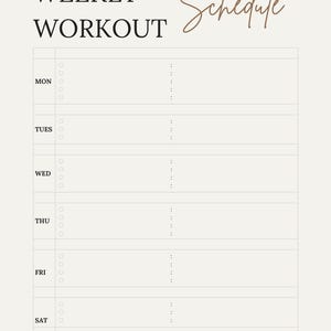 May include: A printable weekly workout schedule planner with a simple design. The planner has a white background with black text and a brown handwritten "Schedule" title. The days of the week are listed on the left side of the page, with space for writing in workouts for each day.