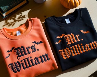 Spooky Custom Mr & Mrs Family Name Embroidered Sweatshirt, Personalized Halloween Wifey Hubby Shirt