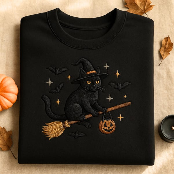 Halloween Black Cat Embroidered Sweatshirt, Spooky Cat Witch Embroidery Shirt, Dark Humor Bat Tee