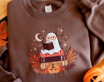 Ghost Reading Embroidered Sweatshirt, Halloween Embroidery Shirt, Fall Crewneck, Book Lover Gifts
