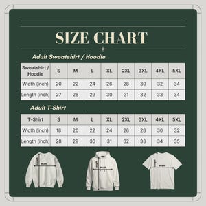 May include: A dark green size chart for adult sweatshirts, hoodies, and t-shirts. The chart displays width and length measurements in inches for sizes S through 5XL. Below the tables, illustrations of a sweatshirt, hoodie, and t-shirt show width and length.
