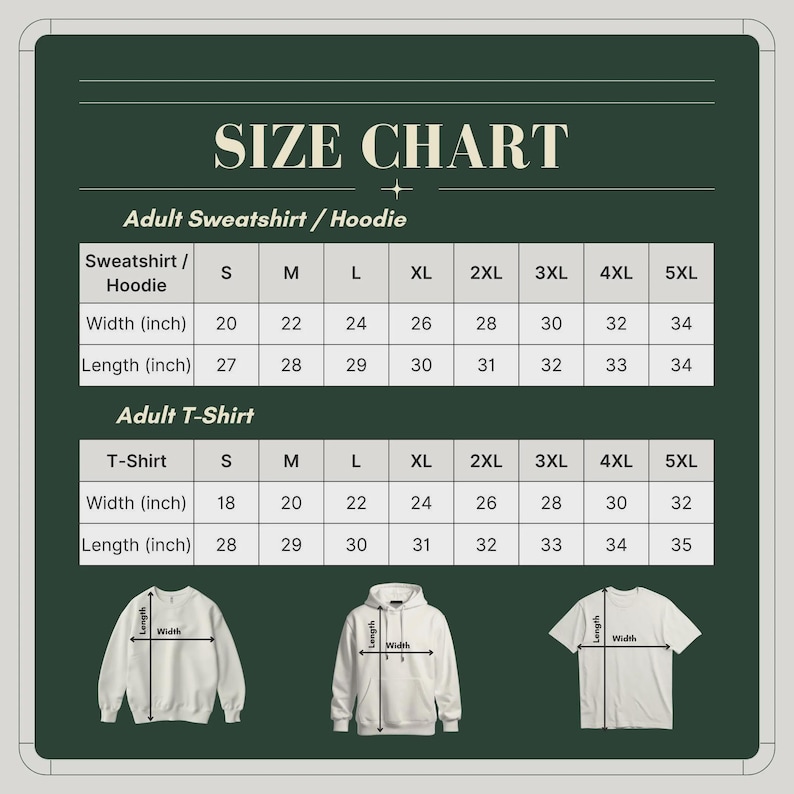 May include: A dark green size chart for adult sweatshirts, hoodies, and t-shirts. The chart displays width and length measurements in inches for sizes S through 5XL. Below the tables, illustrations of a sweatshirt, hoodie, and t-shirt show width and length.