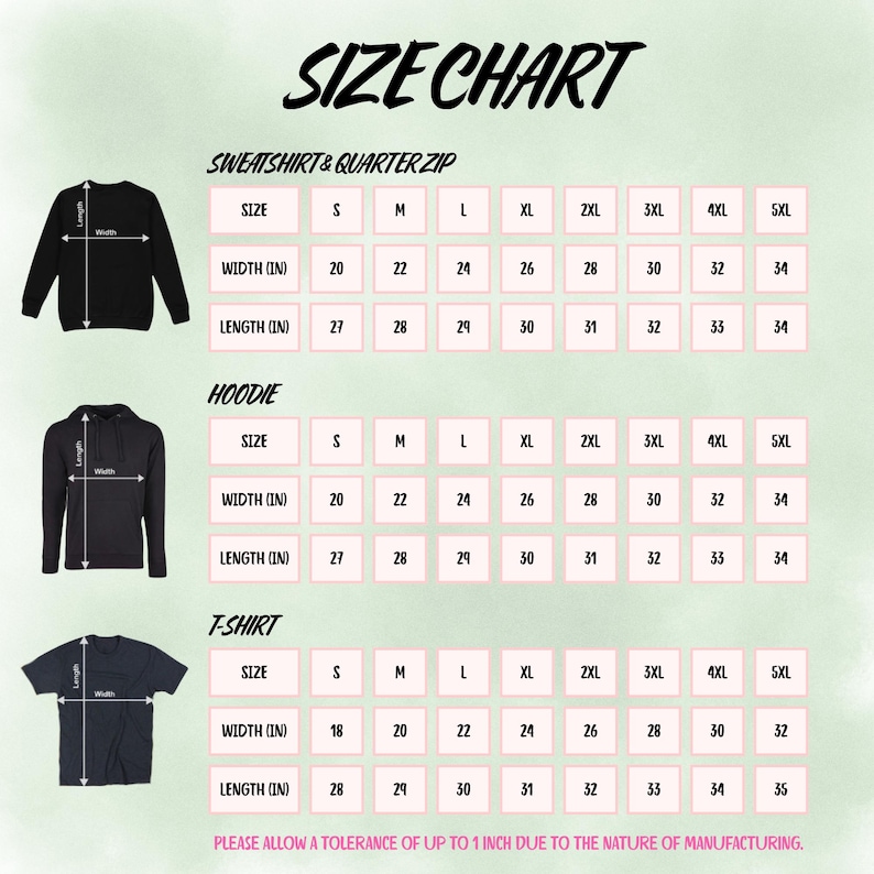 May include: A size chart for apparel featuring black silhouettes of a sweatshirt, hoodie, and t-shirt with corresponding width and length measurements in inches for sizes S through 5XL. The text includes headers for each garment type.