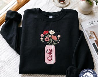Embroidered Diet Coke Cans Flowers Sweatshirt, Floral Soda Pop Crewneck